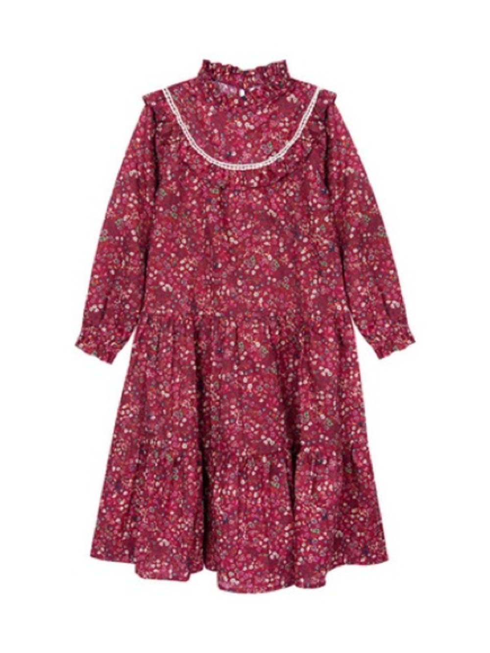 Long Sleeve Floral Ruffle Dress in Berry Pink for Girls